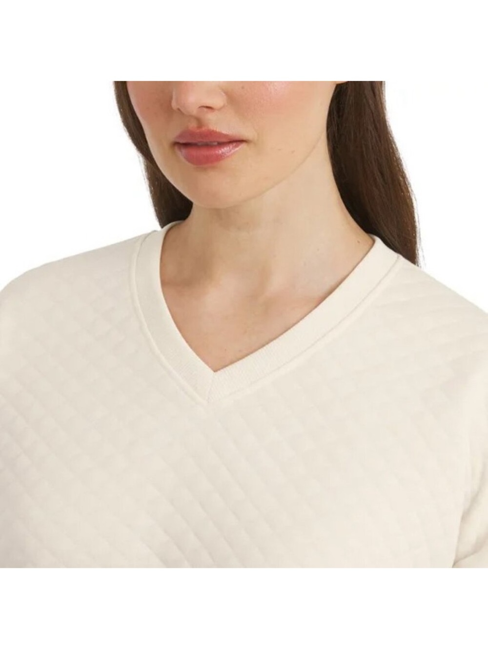 Lands' End Quilted V-Neck Pullover in Cream